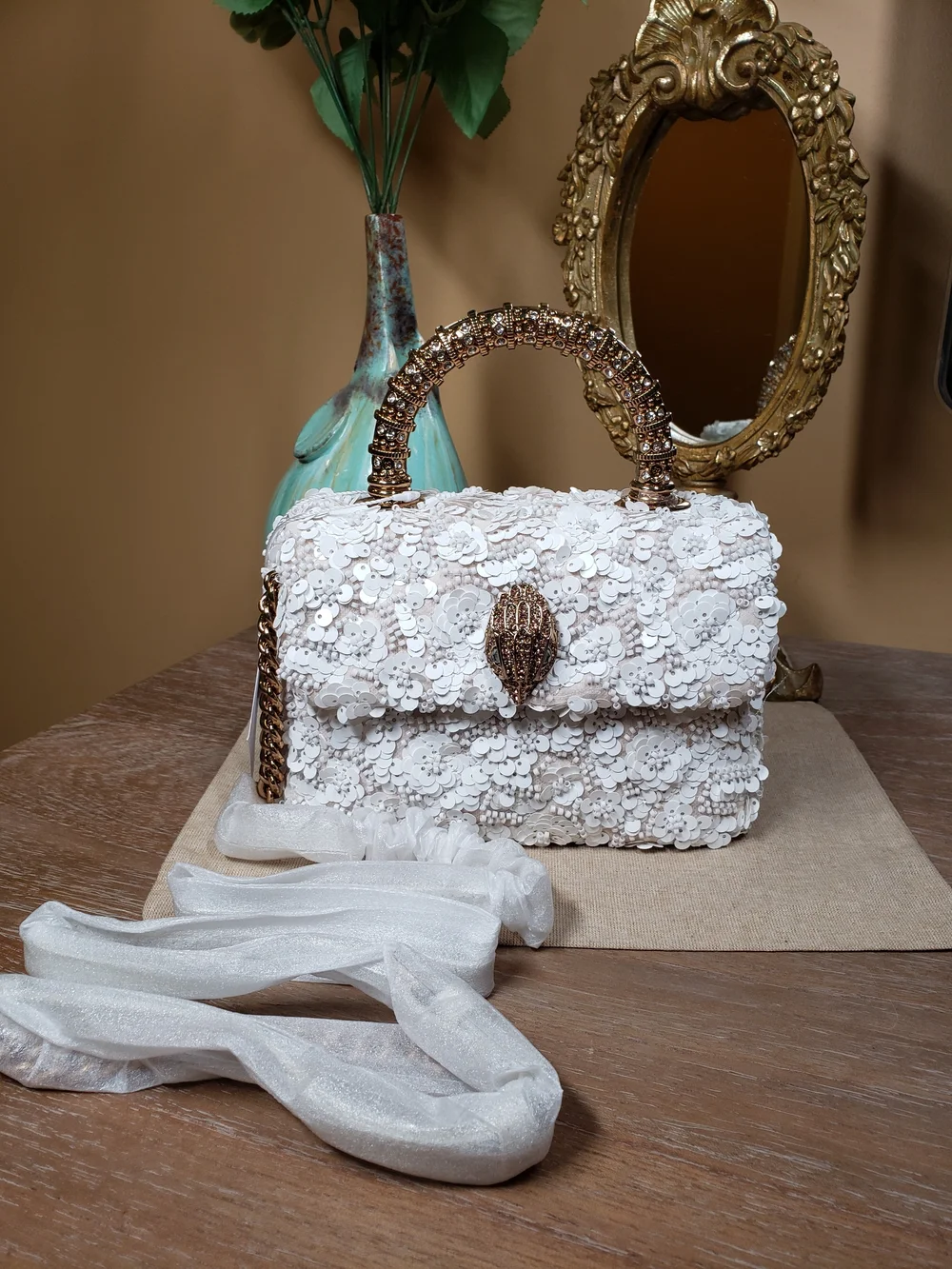Kurt Geiger White Sequin Beaded Floral Top-Handle Satchel w/ Crossbody NWT! - Picture 5 of 17